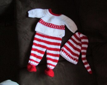 Red and White Baby Sweater and Footed Pants with matching Stocking Hat Newborn to 3 months