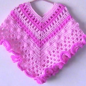 Girls Poncho Bobbles Ruffle Pink CROCHET PATTERN