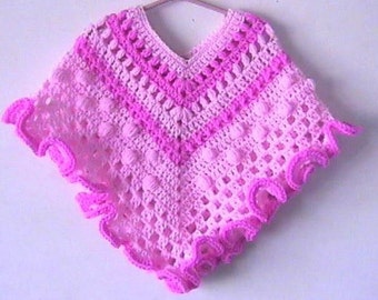 Girls Poncho Bobbles Ruffle Pink CROCHET PATTERN