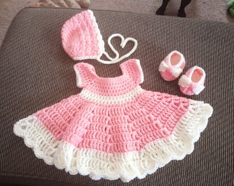 Baby Pink White Dress Bonnet Booties Newborn 3 months Handcrafted Frilly Holiday Wedding Special