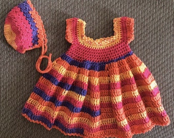 Baby Dress Hat Hand Crochet Fuschia Purple Orange Yellow Frilly Full Girl 3 to 6 months Cotton