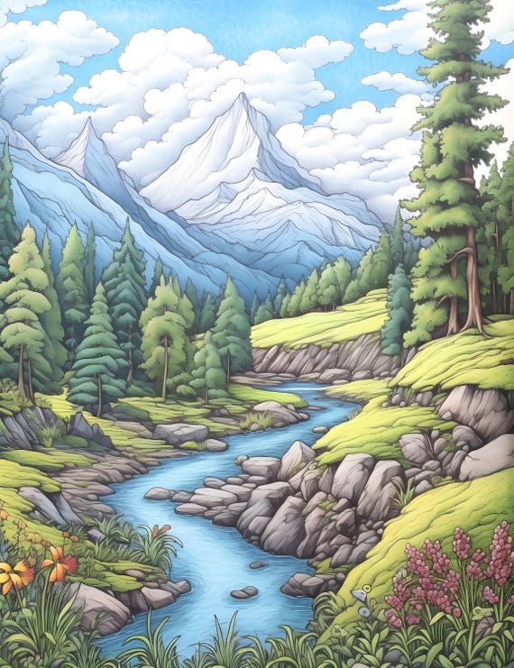 25枚の山の塗り絵 自然風景 印刷可能なPDF 子供と大人 すぐに