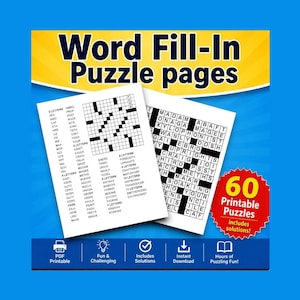 Peut inclure: Une collection de pages de mots à placer avec des grilles en noir et blanc et des listes de mots classées par nombre de lettres. Un graphique en étoile rouge affiche le texte 60 Printable Puzzles includes solutions. Des icônes indiquent PDF imprimable, amusant et stimulant, solutions incluses, téléchargement instantané et heures de plaisir.
