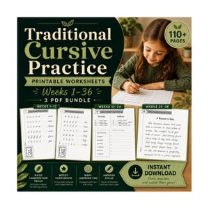 May include: A digital product titled Traditional Cursive Practice Printable Worksheets 3 PDF Bundle with 110+ pages. The dark green cover displays sample pages for weeks 1-36, featuring handwriting exercises, prefixes, suffixes, and a story.