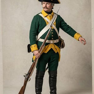 Puede incluir: Un uniforme militar histórico que presenta una casaca verde oscuro con puños y cuello amarillos, calzones verdes a juego y un sombrero de tres picos negro. El atuendo incluye correajes blancos cruzados, una bolsa de cuero, botas altas y un mosquete.
