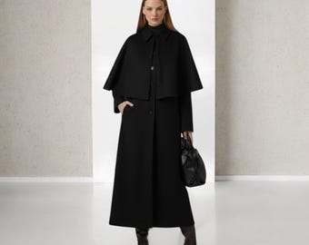 Black Wool Cape Coat, Victorian Maxi Overcoat, Elegant Winter Cloak ulster custom