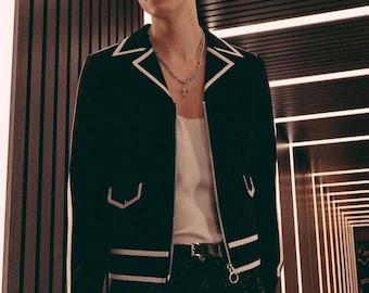 Black Streetwear Jacket Men Contrast Trim Zip Slim Fit Fashion Blazer Jacket Modern Coat