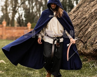 Blue Wool Cloak ren faire Medieval Renaissance Cape Hooded  Full Circle opera