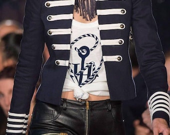 Handmade Military Jacket: Navy Cotton Band Jacket with White Trim custome