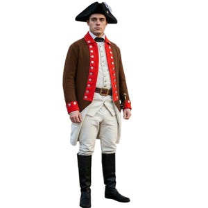 May include: A brown coat with red trim and silver buttons, reminiscent of the Revolutionary War period. The outfit includes a white vest, breeches, and black boots. A black tricorn hat and brown leather belt complete the ensemble. A historical costume.