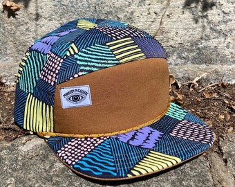 Handmade Pastel Patchwork Print 6 Panel Hat, Triangle Front Baseball Cap, Camp Hat, Snap Back Hat, Geometric Design Cap, gift for them