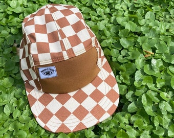 Handmade 5 Panel Camp Hat, Terra Cotta and Natural Plaid Check Baseball Cap, moldable brim and snapback hat, gift for them, sun hat