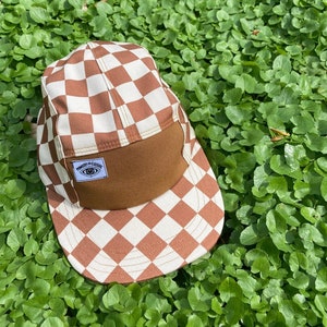 Handmade 5 Panel Camp Hat, Terra Cotta and Natural Plaid Check Baseball Cap, moldable brim and snapback hat, gift for them, sun hat