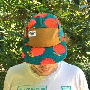 Handmade 5 Panel Camp Hat, Baseball Cap, Summer Hat, Magenta Orange Print Snap Back, Five Panel Cap, Moldable Brim, Natural Fiber Gift image 1