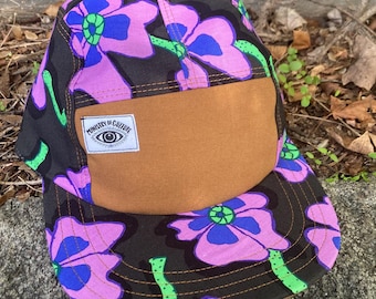 Handmade 5 Panel Camp Hat: Psychedelic Floral Print Snapback