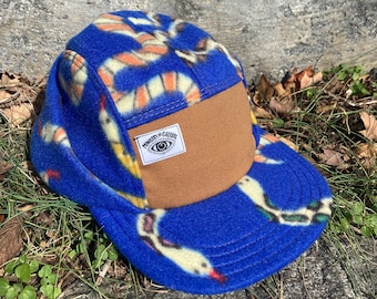 Handmade 5 Panel Camp Hat, Blue Snake Print Fleece Baseball Cap with Earflap, five panel, Snap Back, 5panel hat, gift for him, winter hat