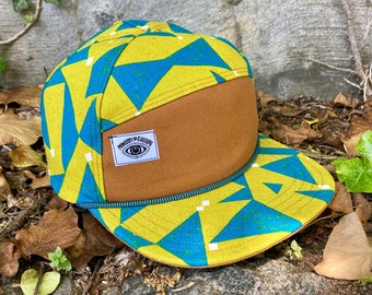 Handmade 6 Panel Hat, Triangle Front Baseball Cap, Triangle Geometric Print Camp Hat, Snap Back Hat, Yellow and Turquoise Cap, gift for her