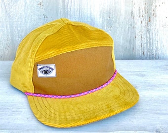 Handmade 6 Panel Hat, Triangle Front Baseball Cap, Corduroy Camp Hat, Snap Back Hat, 7 Panel Mustard Yellow gift for her