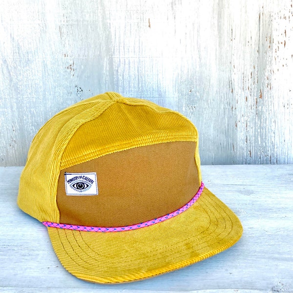 Handmade 6 Panel Hat, Triangle Front Baseball Cap, Corduroy Camp Hat, Snap Back Hat, 7 Panel Mustard Yellow gift for her