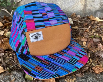 Blue and Purple Patchwork Print Handmade 5 Panel Camp Hat, Baseball Cap, Snapback Hat, Summer Striped Hat, Gift for her, Gift for them