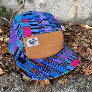 Blue and Purple Patchwork Print Handmade 5 Panel Camp Hat, Baseball Cap, Snapback Hat, Summer Striped Hat, Gift for her, Gift for them