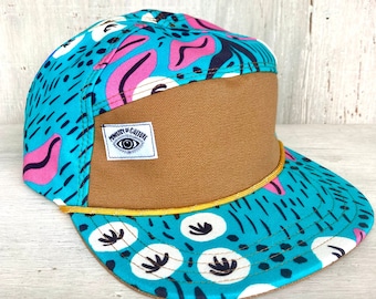 Handmade 6 Panel Hat, Triangle Front Baseball Cap, Turquoise Swirl Print Camp Hat, Snap Back Hat
