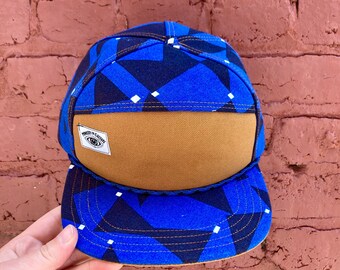 Handmade 6 Panel Hat, Triangle Front Baseball Cap, Triangle Geometric Print Camp Hat, Snap Back Hat, Royal Blue and Navy Cap, gift for him