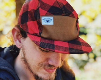 Vermont Hunter's Buffalo Check Handmade 5 Panel Camp Hat, Red and Black Plaid Baseball Cap, with Moldable Brim and Black Snap Back Closure