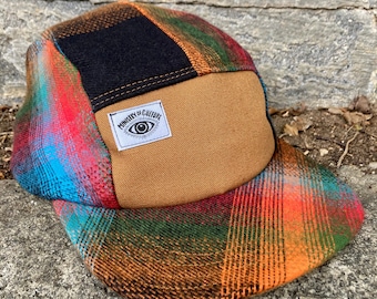 Handmade 5 Panel Camp Hat, Baseball Cap, Moldable Brim five panel hat, Snap Back, 5panel hat in orange and red multi plaid flannel