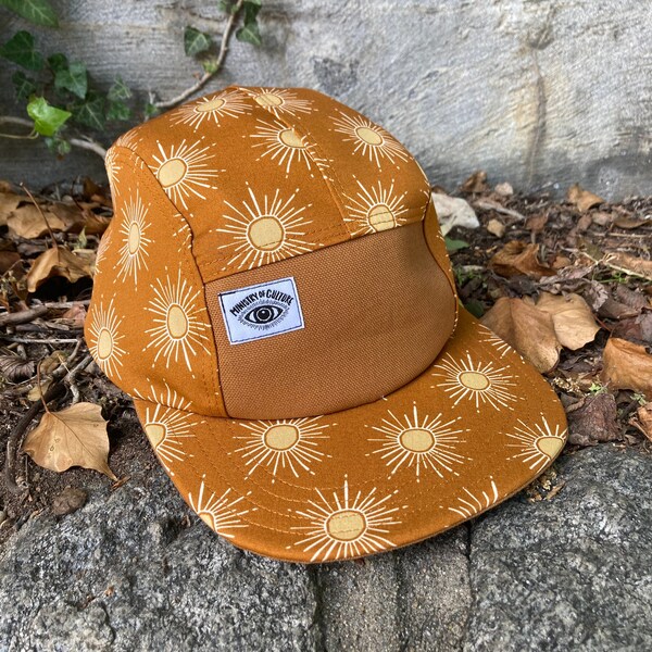 Handmade 5 Panel Camp Hat, Baseball Cap, Moldable Brim five panel hat, Snap Back, 5panel hat, gift for him, Sunburst Print, gift for her