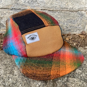 Handmade 5 Panel Camp Hat, Baseball Cap, Moldable Brim five panel hat, Snap Back, 5panel hat in orange and red multi plaid flannel