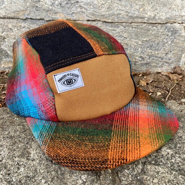 Handmade 5 Panel Camp Hat, Baseball Cap, Moldable Brim five panel hat, Snap Back, 5panel hat in orange and red multi plaid flannel