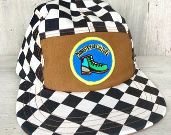 Handmade 5 Panel Camp Hat, Baseball Cap, Snap Back, 5panel hat, gift for him, Black and White Checkerboard, Hiking Boot Patch, gift 4 him