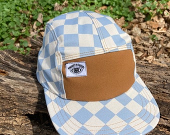 Handmade 5 Panel Camp Hat, Baby Blue and Natural Plaid Check Baseball Cap, moldable brim and snapback hat, gift for them, sun hat