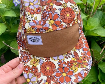 Handmade 5 Panel Camp Hat, Flower Power Baseball Cap, Moldable Brim five panel hat, Snap Back, 5panel hat, gift for her, in Rust and Lilac