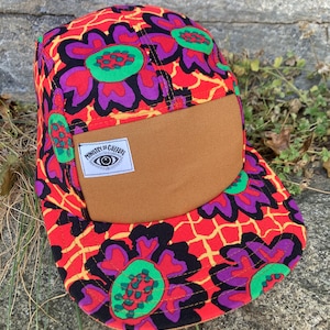 Handmade 5 Panel Camp Hat, Baseball Cap, five panel hat, Snap Back, 5panel hat, gift for him, electric orange pop art floral