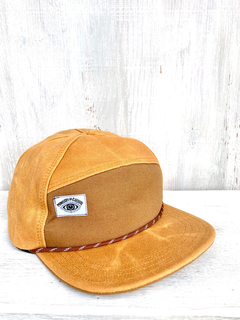 Handmade 6 Panel Hat, Triangle Front Baseball Cap, Waxed Canvas Camp Hat, Snap Back Hat, 7 Panel Mustard Yellow Hat, gift for them image 1