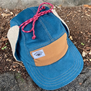 Ear Flap Hat,  Peacock Blue Corduroy Handmade 5 Panel Camp Hat, Winter Baseball Cap, Moldable Brim five panel hat, Snap Back ball cap