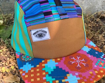 Handmade 5 Panel Camp Hat, Baseball Cap, Moldable Brim five panel hat, Snap Back, 5panel hat, multicolor patchwork stripe one of a kind hat