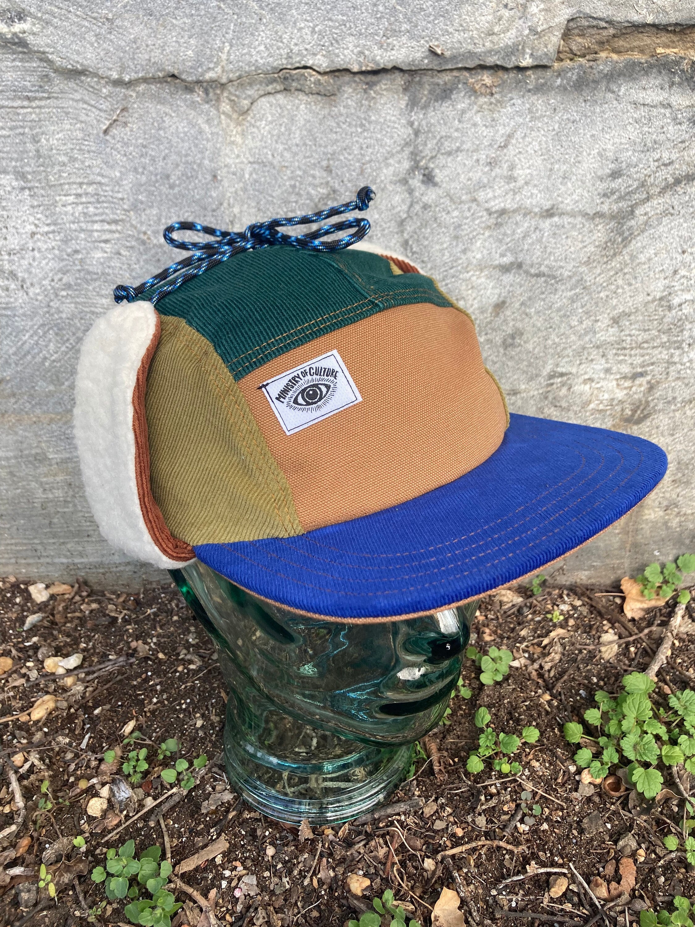 Ear Flap Hat, Hunter Green Corduroy Handmade 5 Panel Camp Hat
