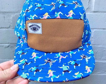 Handmade 5 Panel Camp Hat, Runner's Print Baseball Cap in Aqua Blue, Moldable Brim five panel hat, Snap Back, 5panel hat, Pop-art Print