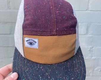 Handmade 5 Panel Camp Hat, Baseball Cap, Moldable Brim five panel hat, Snap Back, 5panel hat, Colorblock flannel hat cosmic speckle