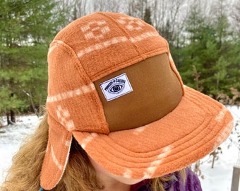 Ear Flap Hat, Rust and Cream Fleece Handmade 5 Panel Camp