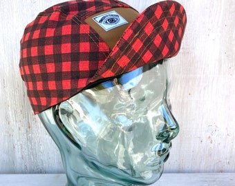 Farm Junk ! Red and Black Mini Buffalo Check Plaid Handmade Cycling Cap, Soft Brim 5 Panel Bike Hat with Adjustable Buckle Closure