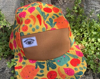 Handmade 5 Panel Camp Hat, Baseball Cap, Moldable Brim five panel hat, Snap Back, 5panel hat, Happy Veggies on Mustard Yellow