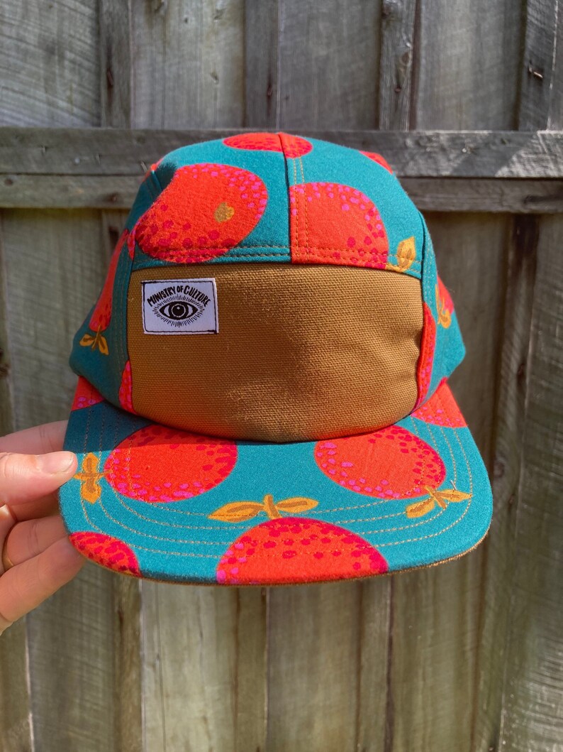 Handmade 5 Panel Camp Hat, Baseball Cap, Summer Hat, Magenta Orange Print Snap Back, Five Panel Cap, Moldable Brim, Natural Fiber Gift image 2