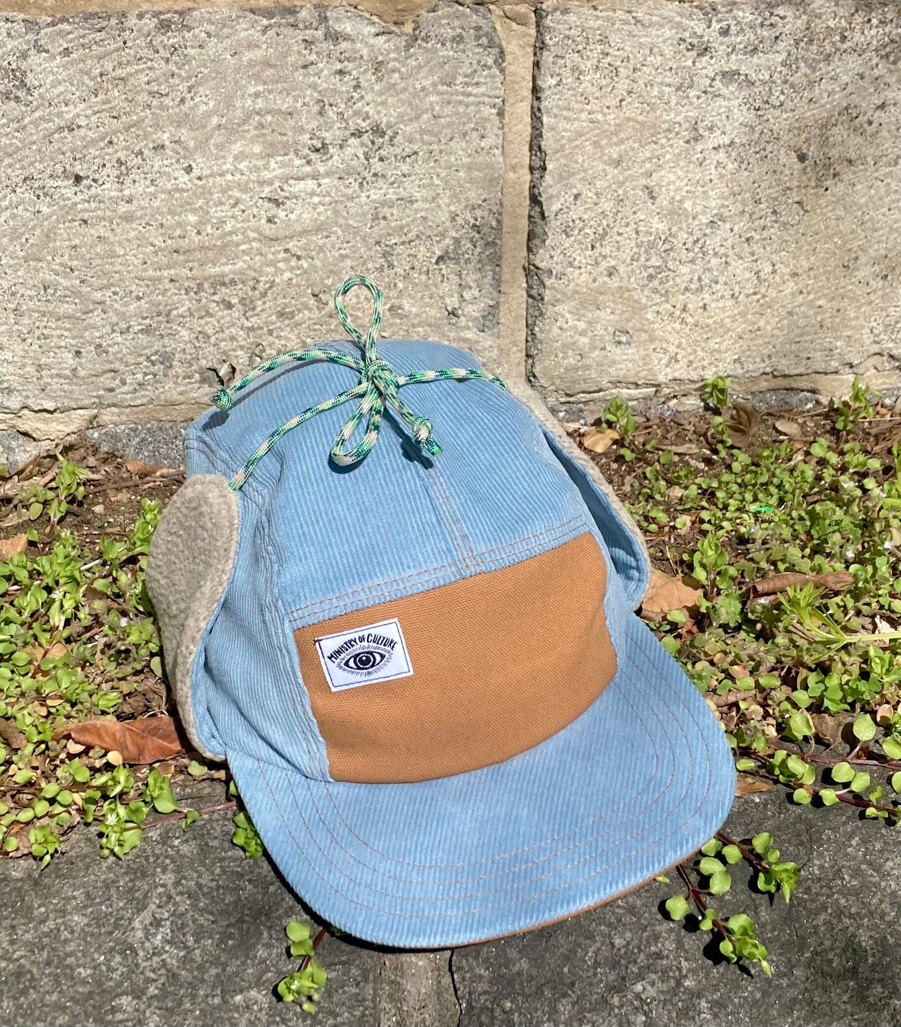 Ear Flap Hat, Hunter Green Corduroy Handmade 5 Panel Camp Hat