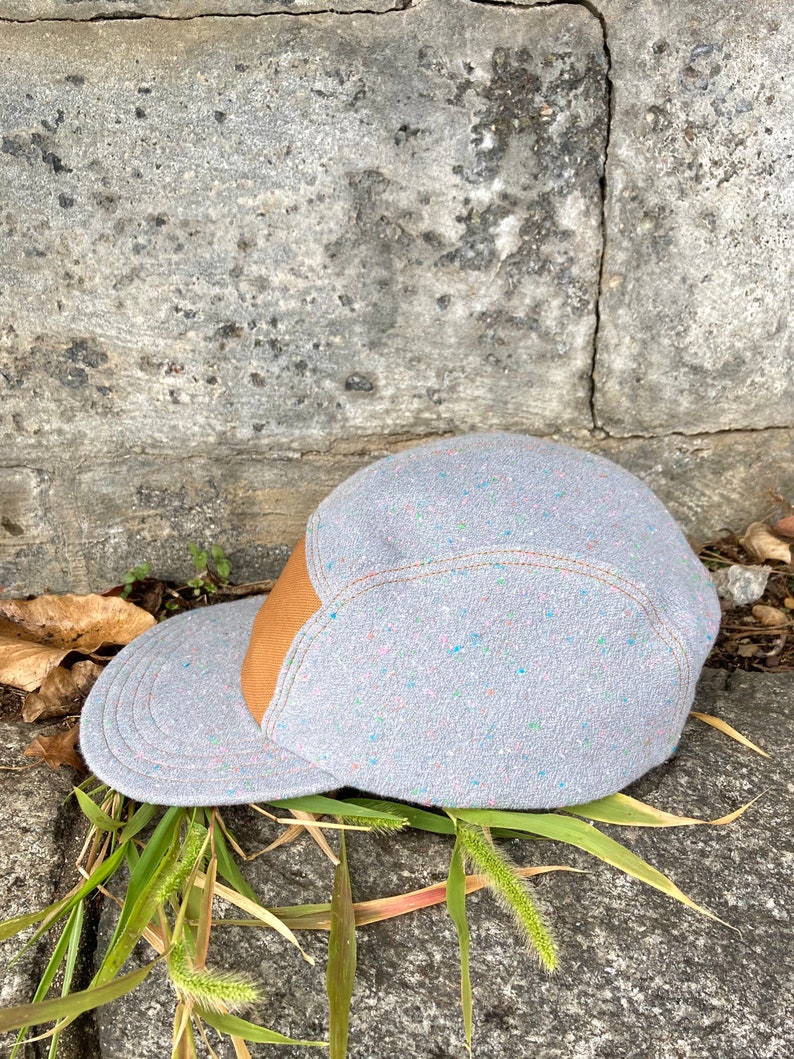 Handmade 5 Panel Camp Hat, Baseball Cap, Moldable Brim five panel hat, Snap Back, 5panel hat, gift for him, gray cosmic speckle flannel hat image 5