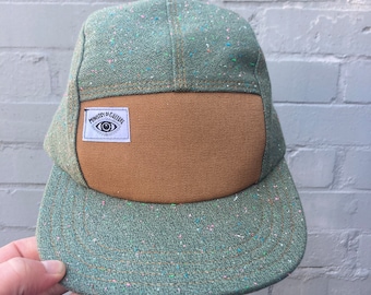 Handmade 5 Panel Camp Hat, Baseball Cap, Moldable Brim five panel hat, Snap Back, 5panel hat, gift for him, green flannel hat cosmic speckle