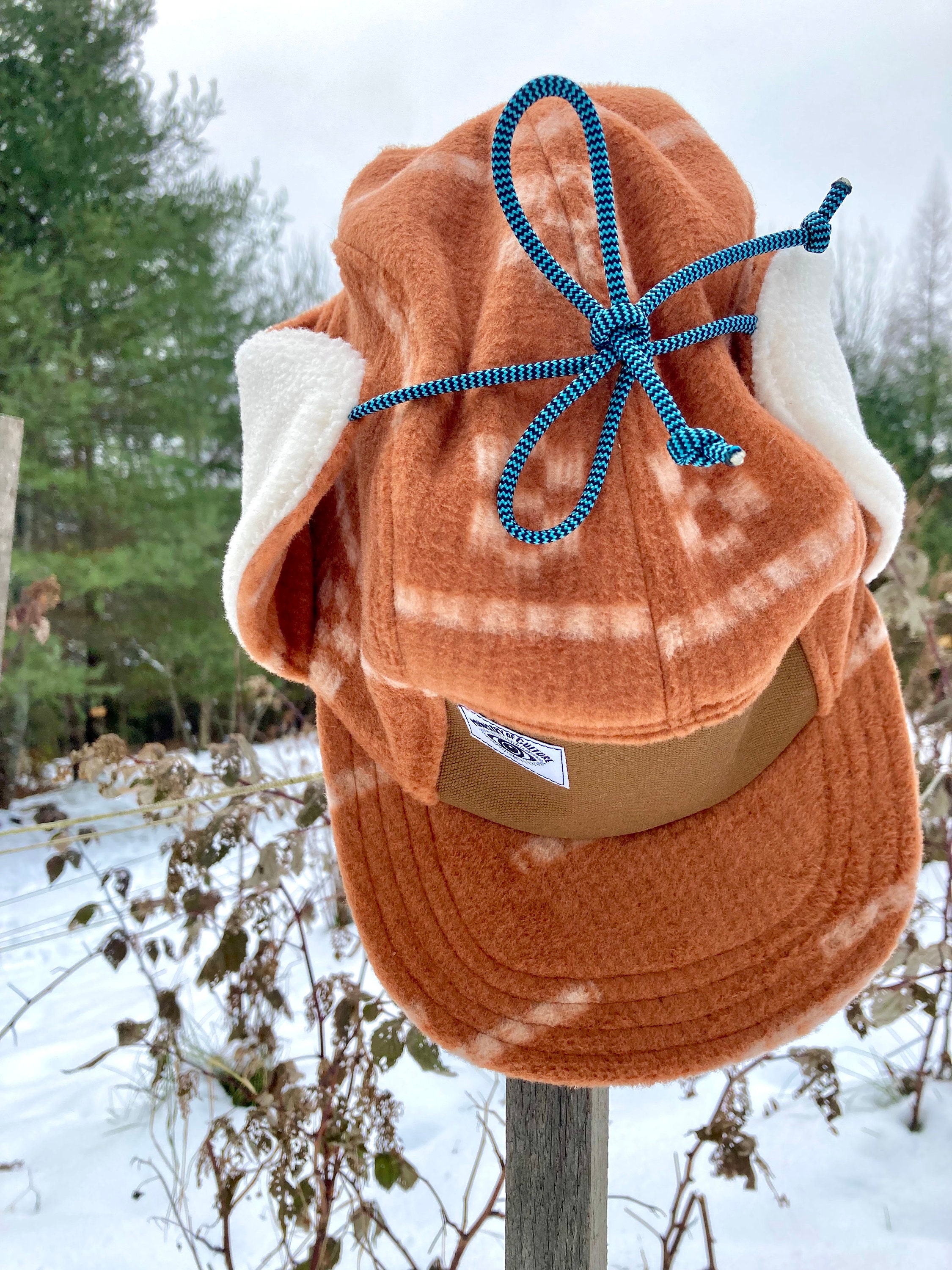 Ear Flap Hat, Rust and Cream Fleece Handmade 5 Panel Camp